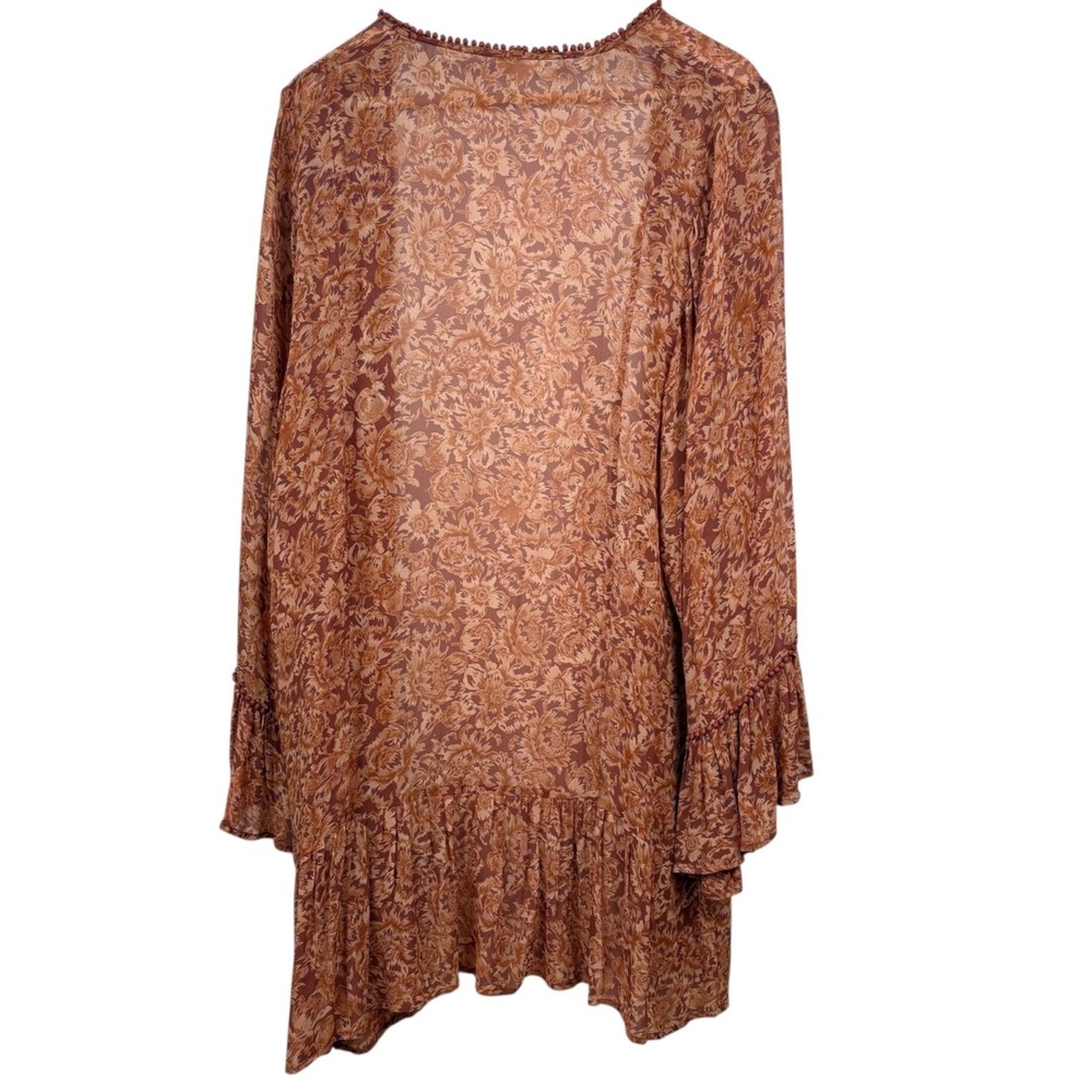 Chan Luu Boho‎ Floral Open Front Kimono Cardigan Ruffle Hem Brown Rust Sz Large - Picture 6 of 12